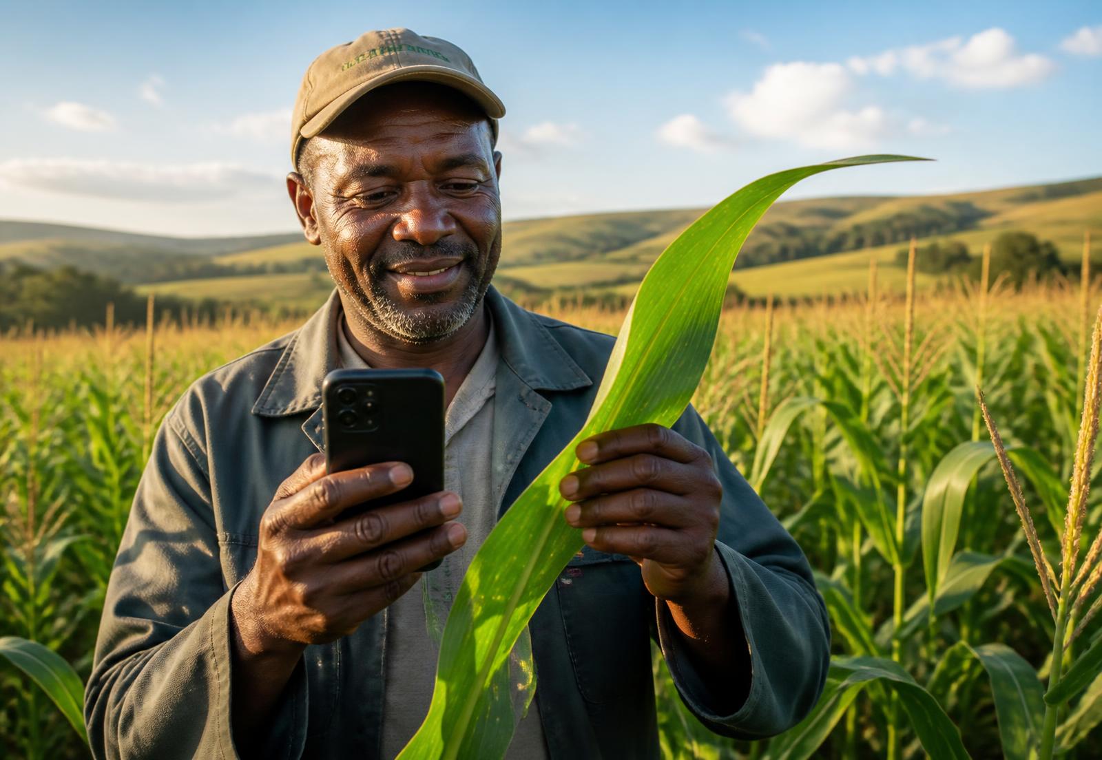 South African farmer inspecting maize plants at sunrise